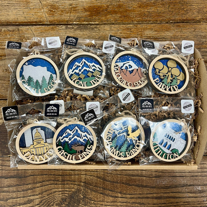 Castle Rock, Lone Tree, Colorado Springs, Parker, Denver, Castle Pines, Highlands Ranch, Littleton Colorado ornaments.